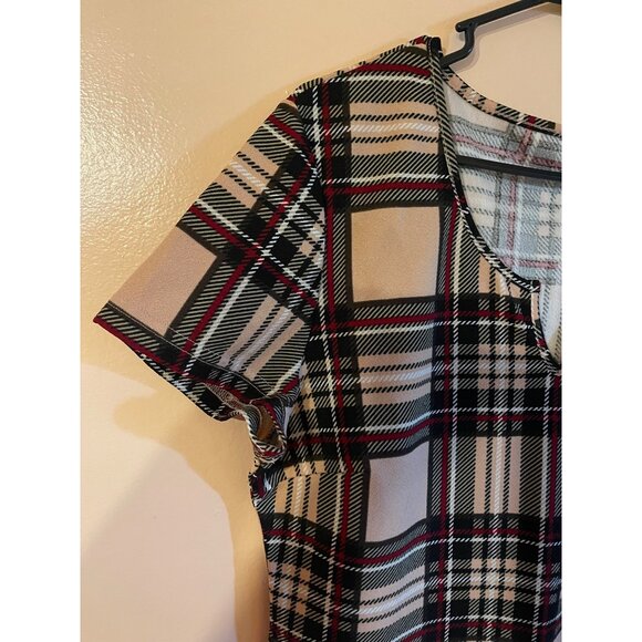 SHEIN Plaid Short Sleeve Shift Dress With Keyhole Neckline Beige/Black/Red M/L - Picture 3 of 8